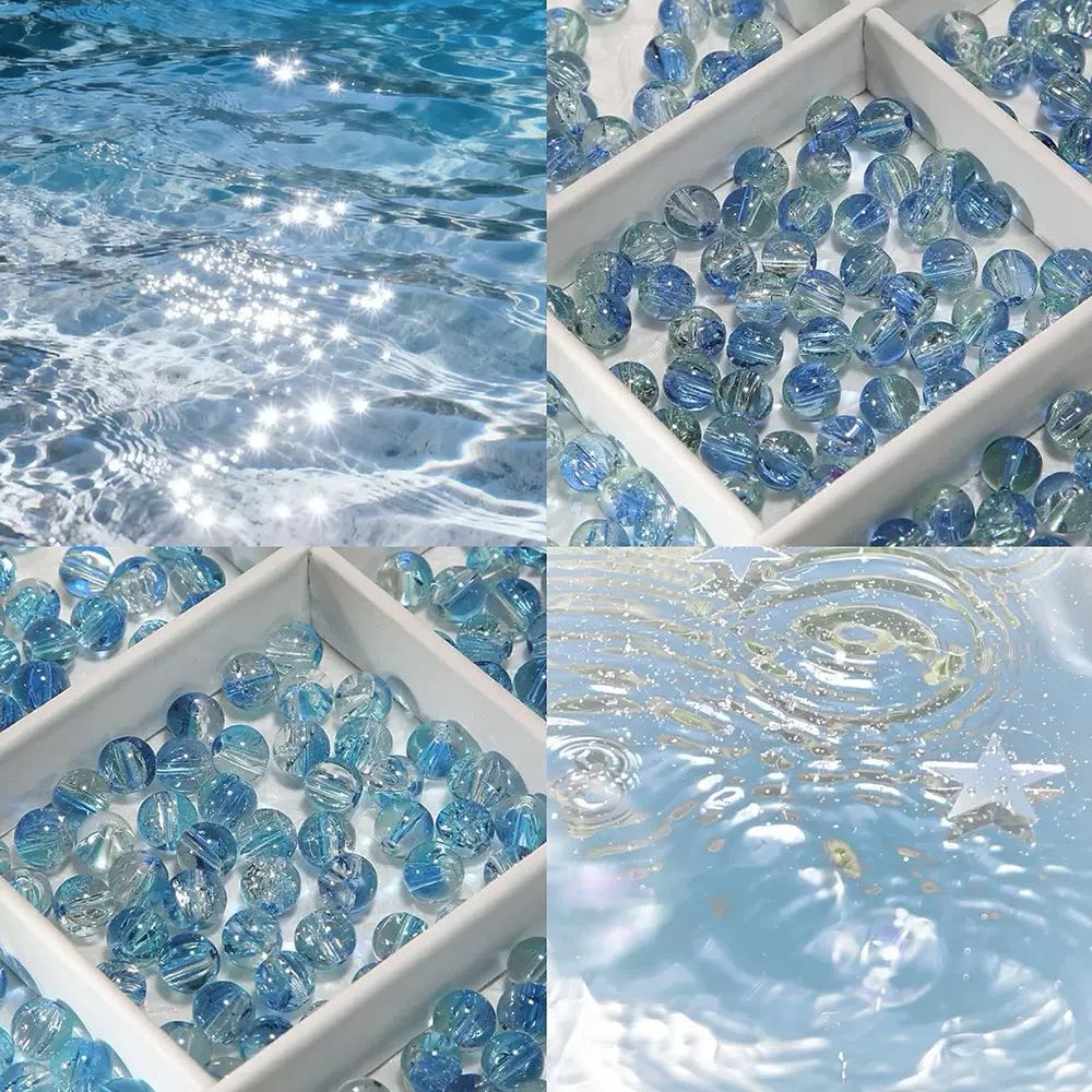 [開封] NEW.水模様ブルー系ガラスビーズ 直径約 10mm、全 20 種展開 アクセサリー自作 DIY 手芸素材