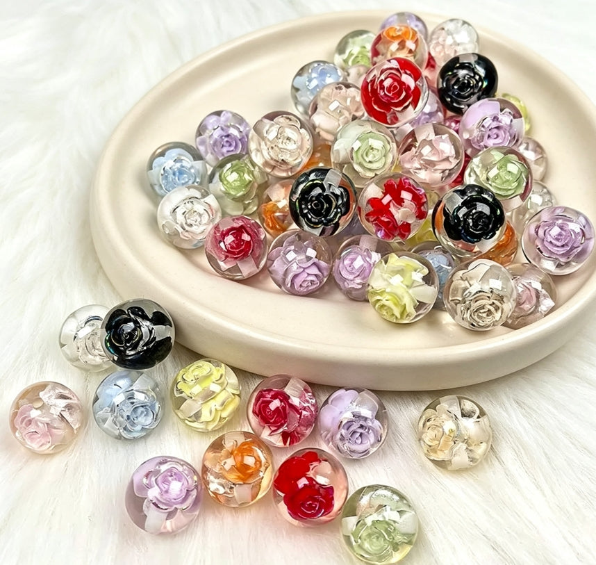 [開封]NEW.約 16mm ローズビーズ・押し花封入ビーズ
