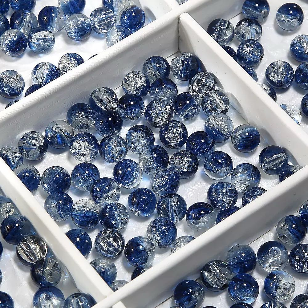 [開封] NEW.水模様ブルー系ガラスビーズ 直径約 10mm、全 20 種展開 アクセサリー自作 DIY 手芸素材