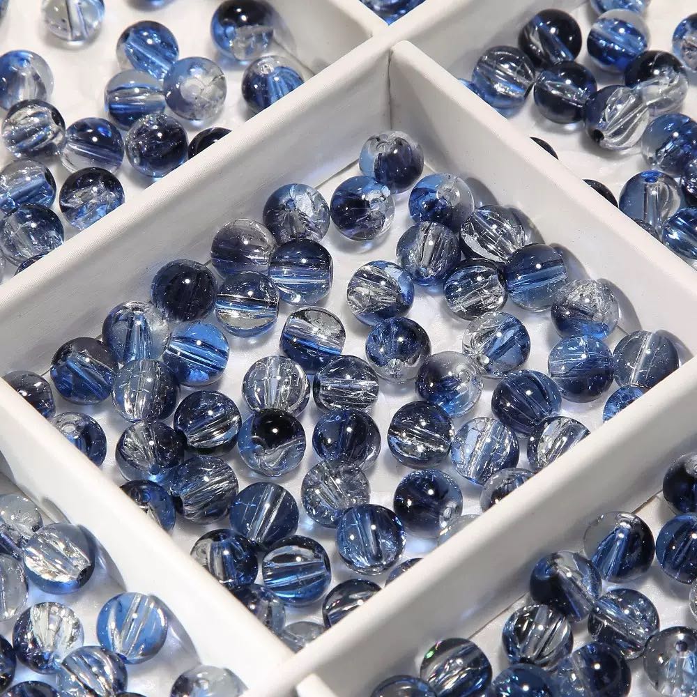 [開封] NEW.水模様ブルー系ガラスビーズ 直径約 10mm、全 20 種展開 アクセサリー自作 DIY 手芸素材