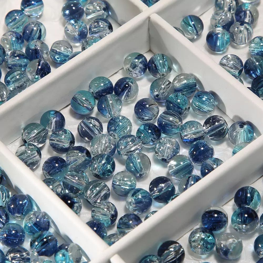 [開封] NEW.水模様ブルー系ガラスビーズ 直径約 10mm、全 20 種展開 アクセサリー自作 DIY 手芸素材