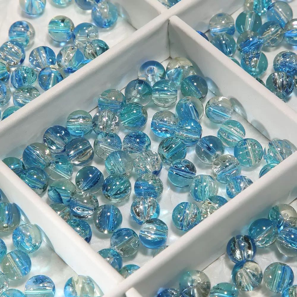 [開封] NEW.水模様ブルー系ガラスビーズ 直径約 10mm、全 20 種展開 アクセサリー自作 DIY 手芸素材