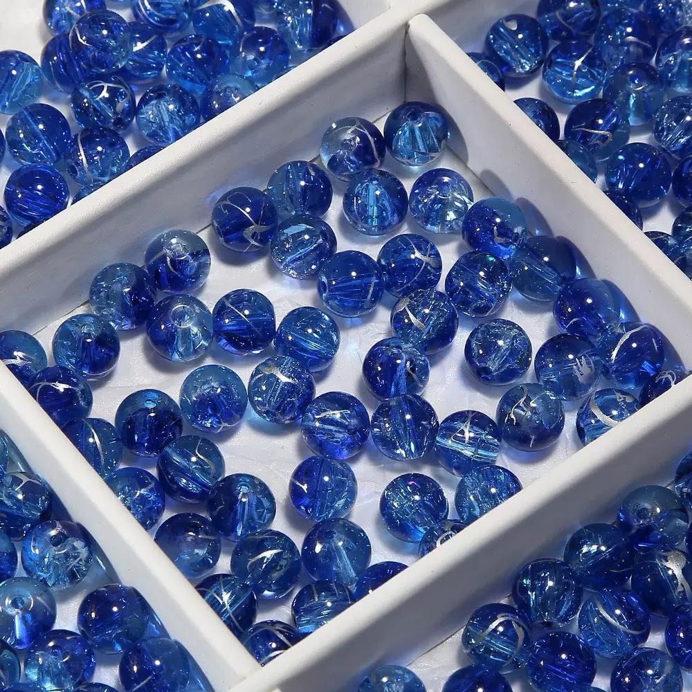 [開封] NEW.水模様ブルー系ガラスビーズ 直径約 10mm、全 20 種展開 アクセサリー自作 DIY 手芸素材