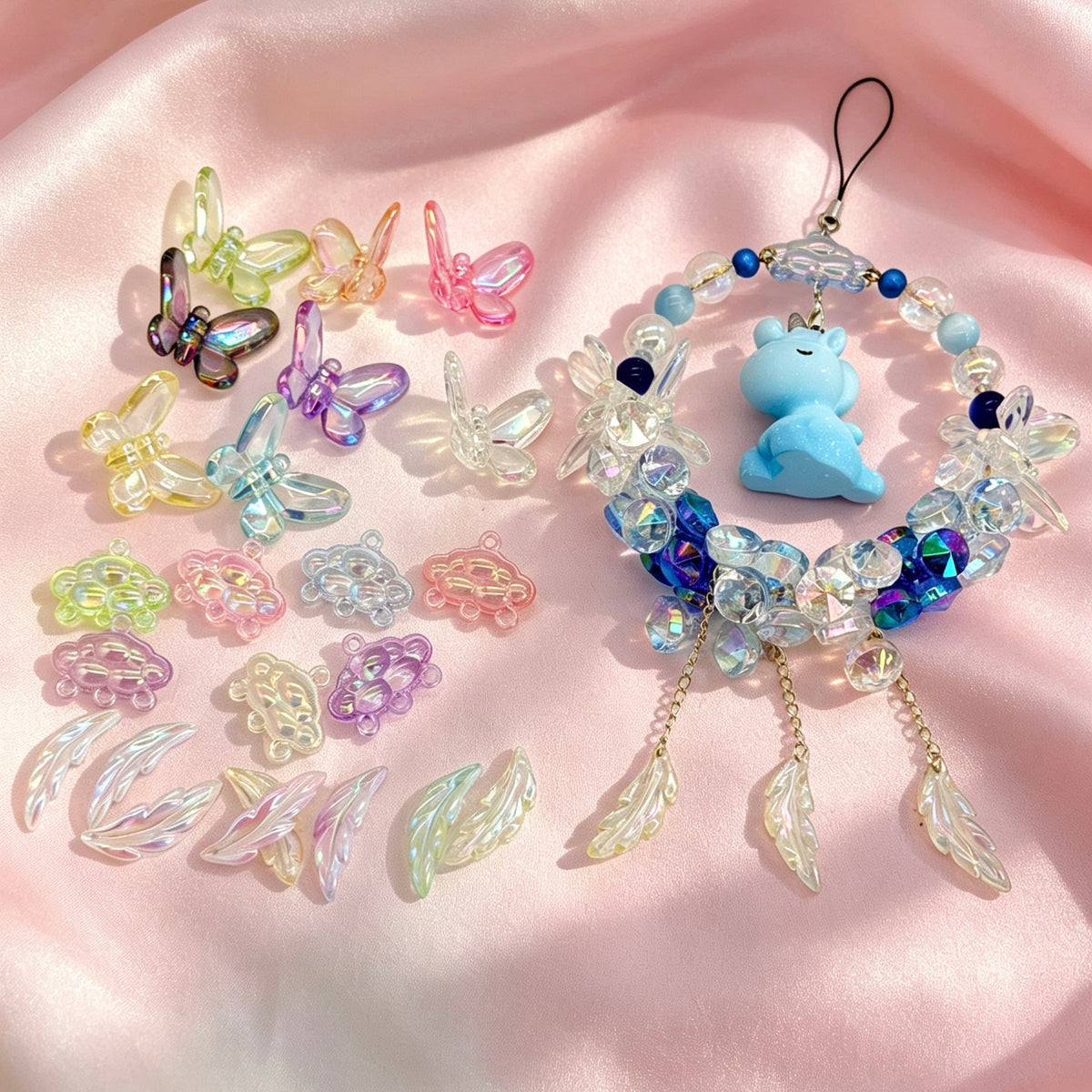 [開封] NEW.吊り穴付き蝶・葉っぱビーズチャーム　DIY アクセサリーパーツ