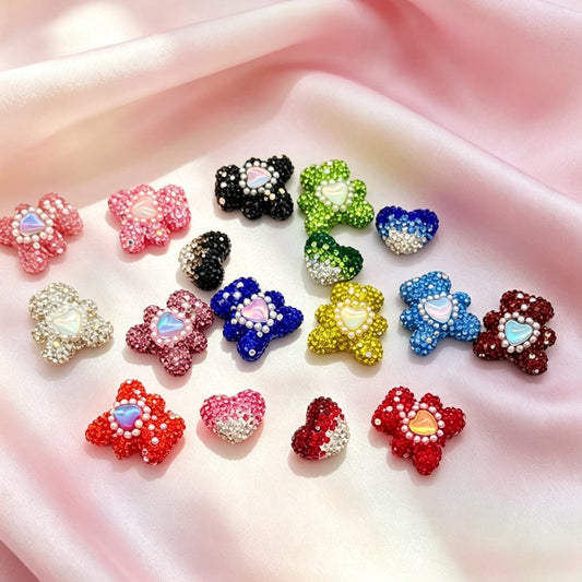 [開封] NEW.穴あきラインストーン付きクマ＆ハートチャーム　DIY アクセサリーパーツ